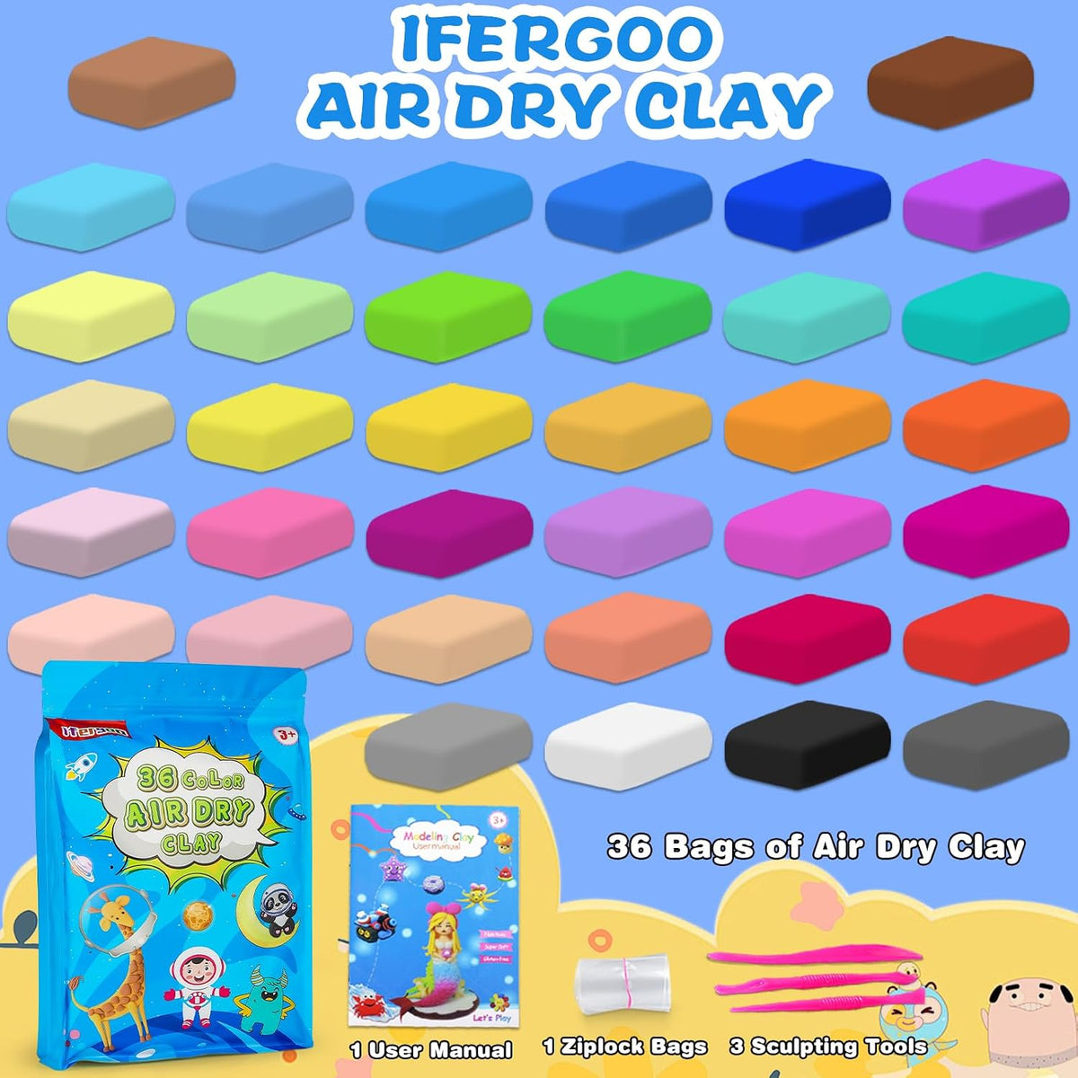 ifergoo Air Dry Clay, 36 Colors Magic Foam DIY Molding Clay for Slime