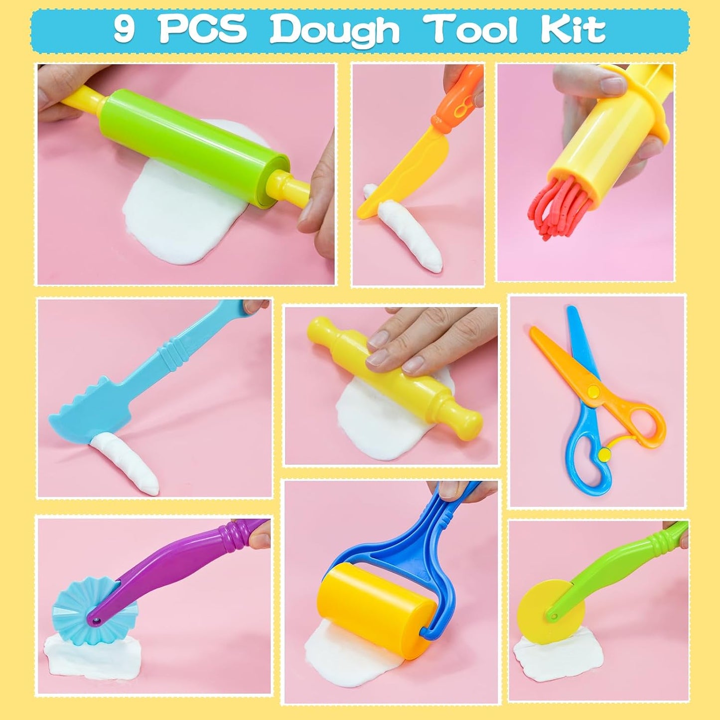 LCY WEDSHI Dough Tool Set, 9 Pcs Dough Tools Sets for Kids Ages 4-8, Dough Accessories Includes Cutters Roller, Rolling Pins, Safety Scissors, Plastic Knife, Plastic Rollers