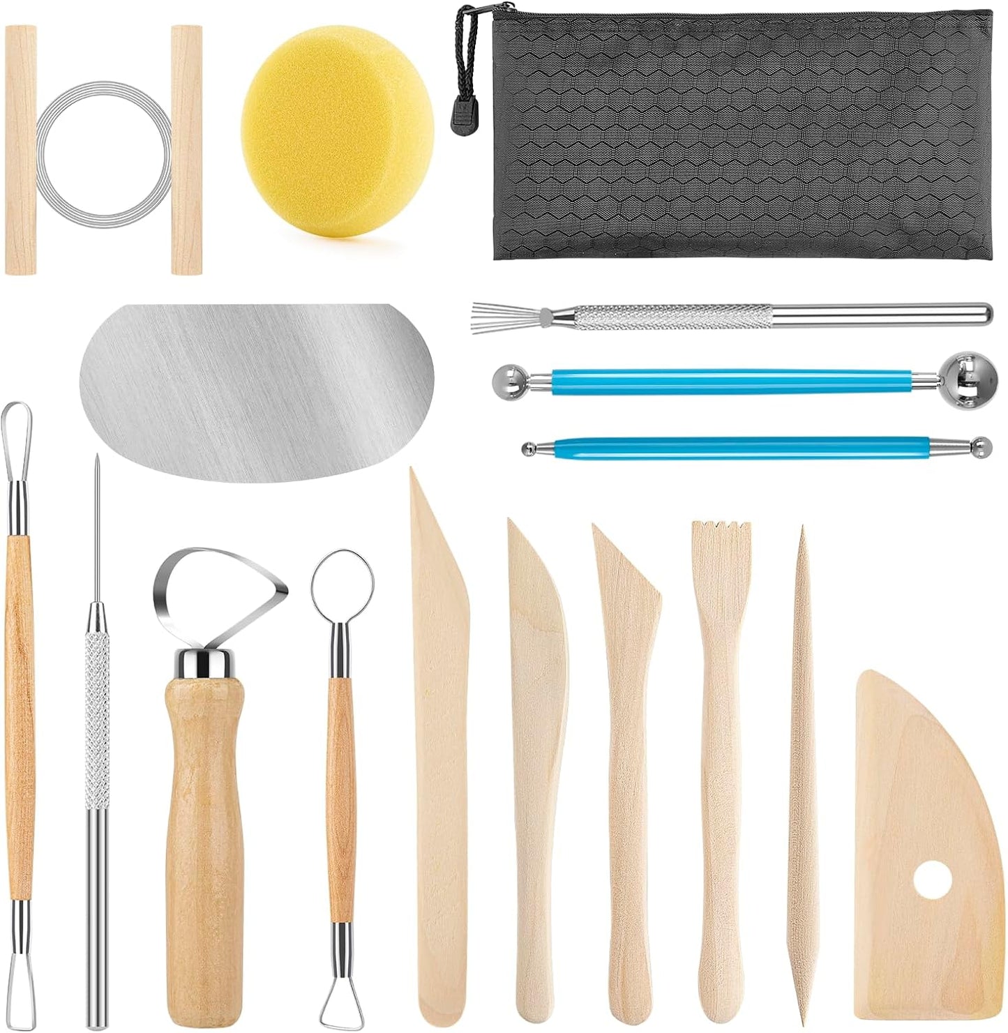 KACOLA Pottery Tool Kit, 17pcs Polymer Clay Tools, Modeling Clay Sculpting Tools Kit, Ceramics Tools, Trimming, Embossing Pattern, Smooth Wooden Handles