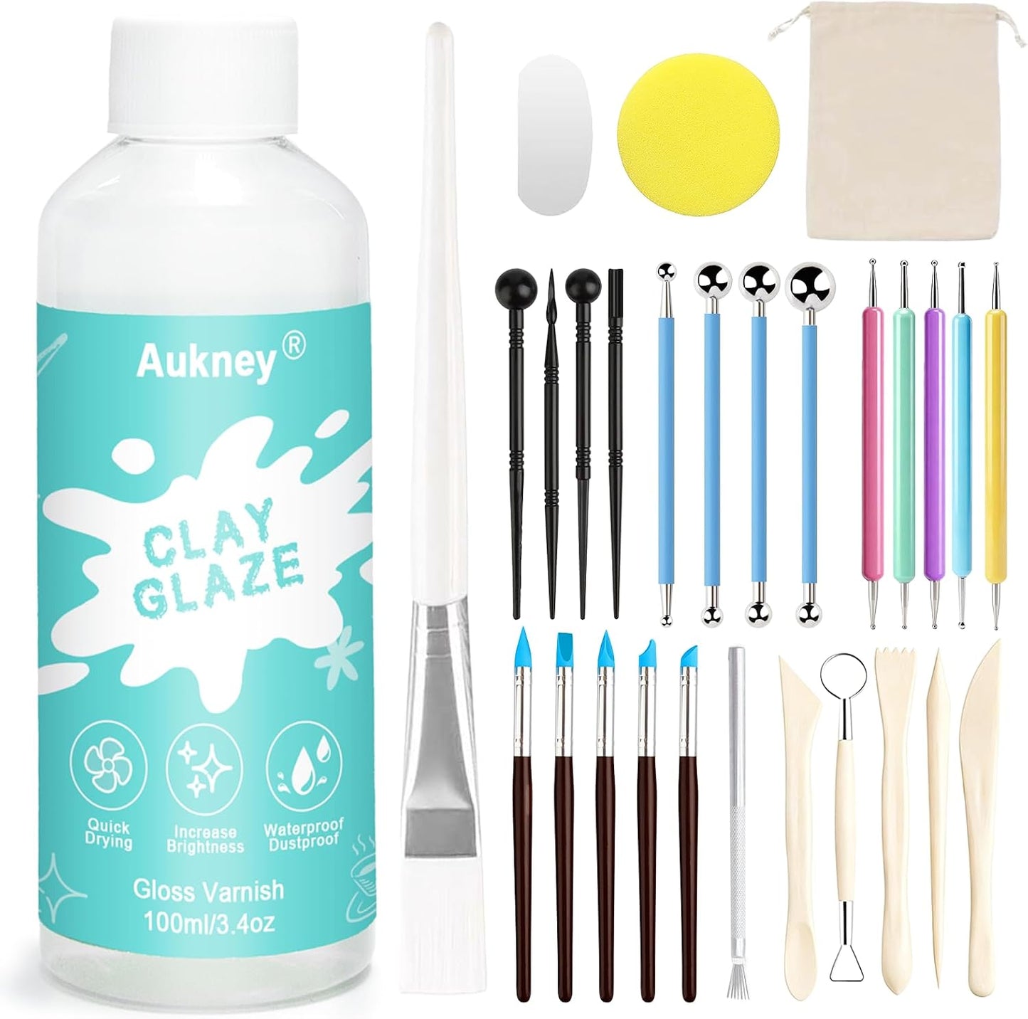 Aukney 100ML Air Dry Clay Varnish and 29pcs Tool Kit, High Gloss Air Dry Clay Glaze, Sealant, Prevent Clay from Cracking, and Scratch Resistant - Pottery Tools for Stippling, Shaping Clay Crafts