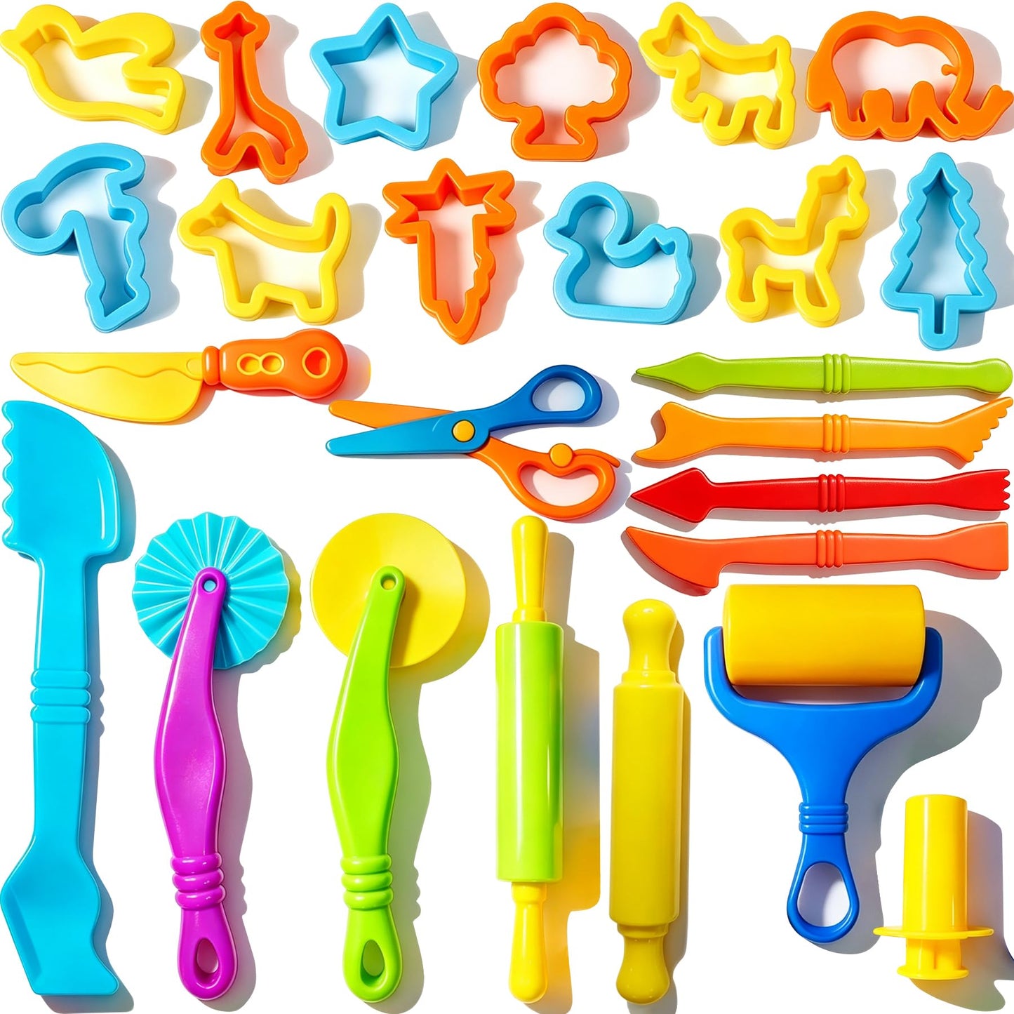 Dough and Clay Play Tools Kit for Kids, Modeling Clay Accessories for Toddlers, Animal Cutters with DIY Rollers & Safety Scissors, Dough Extruder Easy Squeeze for Kids, Ideal Home Play & Baking Set