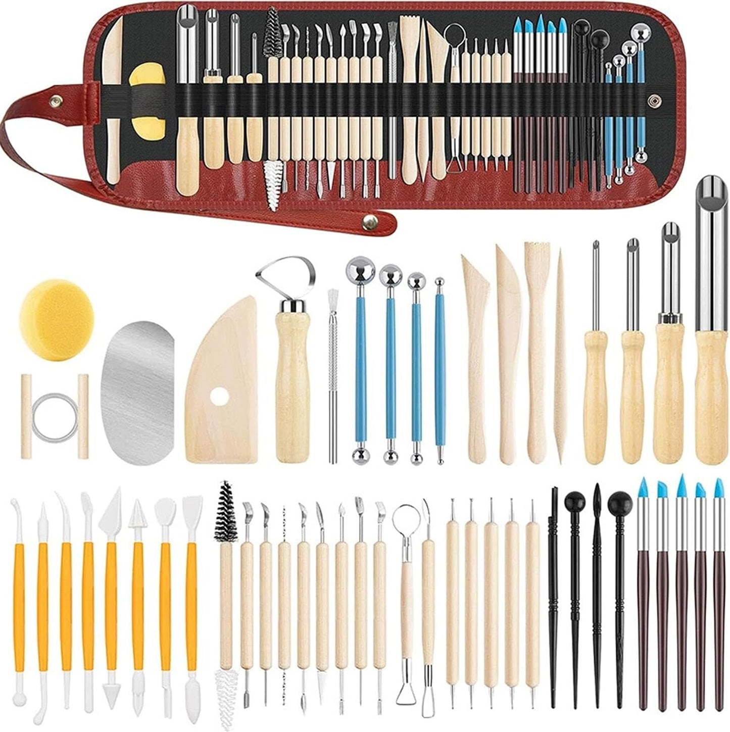 52PCS Clay Tools Kit, Clay Sculpting Tools Kit with Hole Puncher, Wooden Handle, Pottery Tools for Potters, Beginners & Professionals