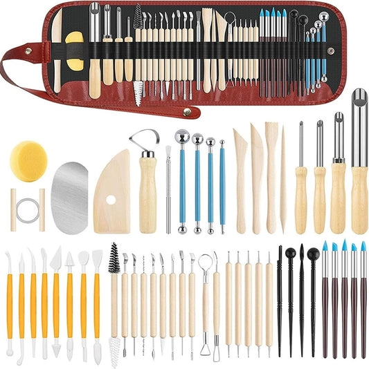 52PCS Clay Tools Kit, Clay Sculpting Tools Kit with Hole Puncher, Wooden Handle, Pottery Tools for Potters, Beginners & Professionals