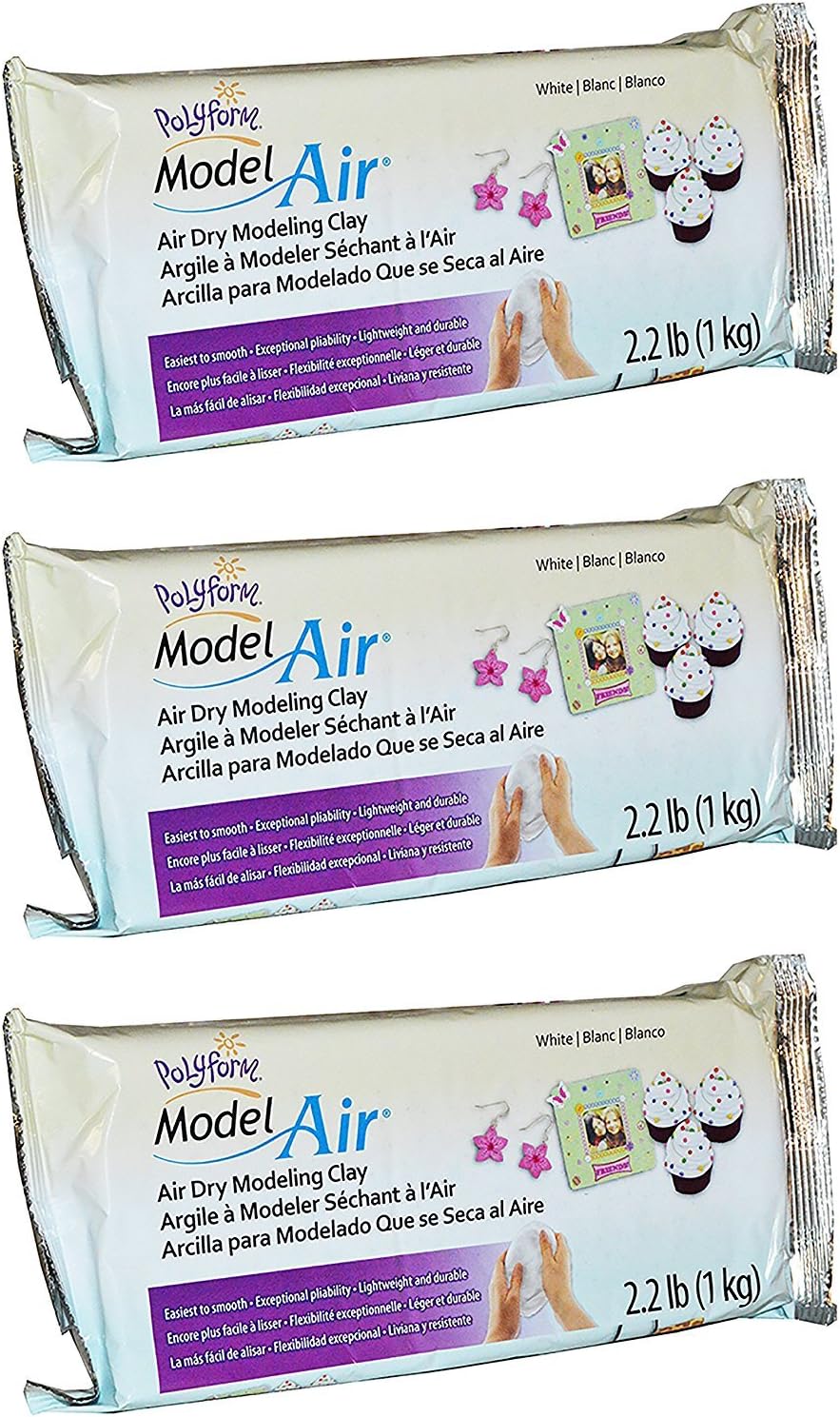 Sculpey Model Air White Dry Clay - New Formula - Lightweight, Durable - Ideal for Kids, Crafts, and Jewelry Projects - 2.2 Pounds, Pack of 3
