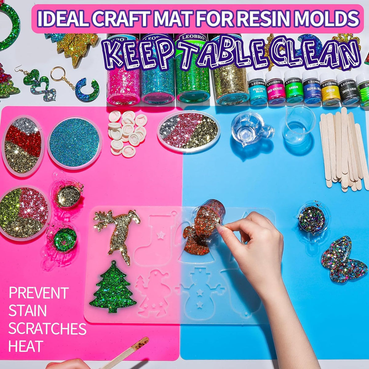 LEOBRO Silicone Mat for Resin Molds, 2 PCS 15.7" x 11.7" Playdough Mat, Silicone Mats for Crafts, Jewelry Resin Molds Mats, for Clay, Paint, Blue & Rose Red