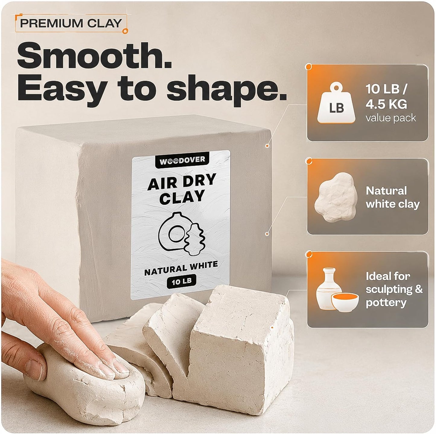 WOODOVER Premium Air Dry Clay White, 10 lb – Natural Modeling Clay for Sculpting, Pottery & DIY Crafts – Self-Hardening for Artists, Beginners and Professionals