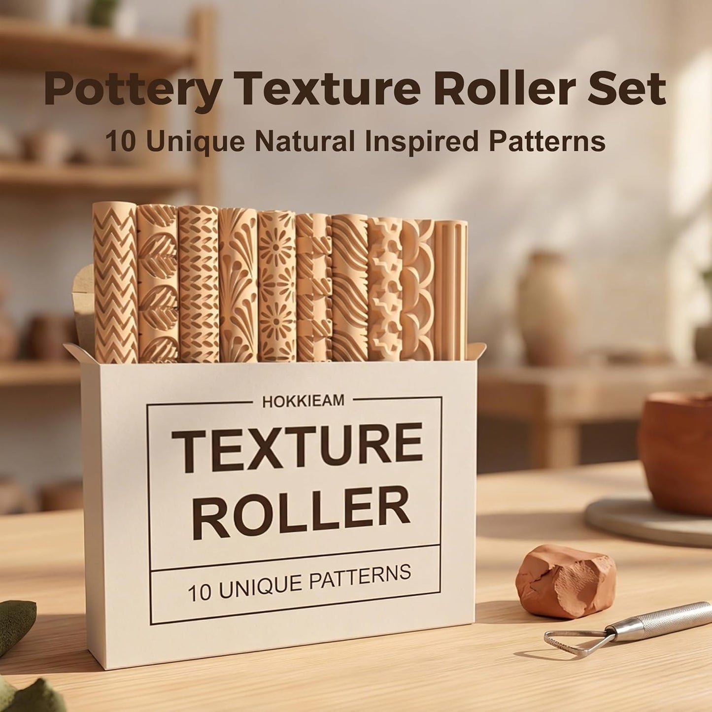Hokkieam Clay Texture Rollers, 10 PCS Plastic Polymer Clay and Pottery Tool