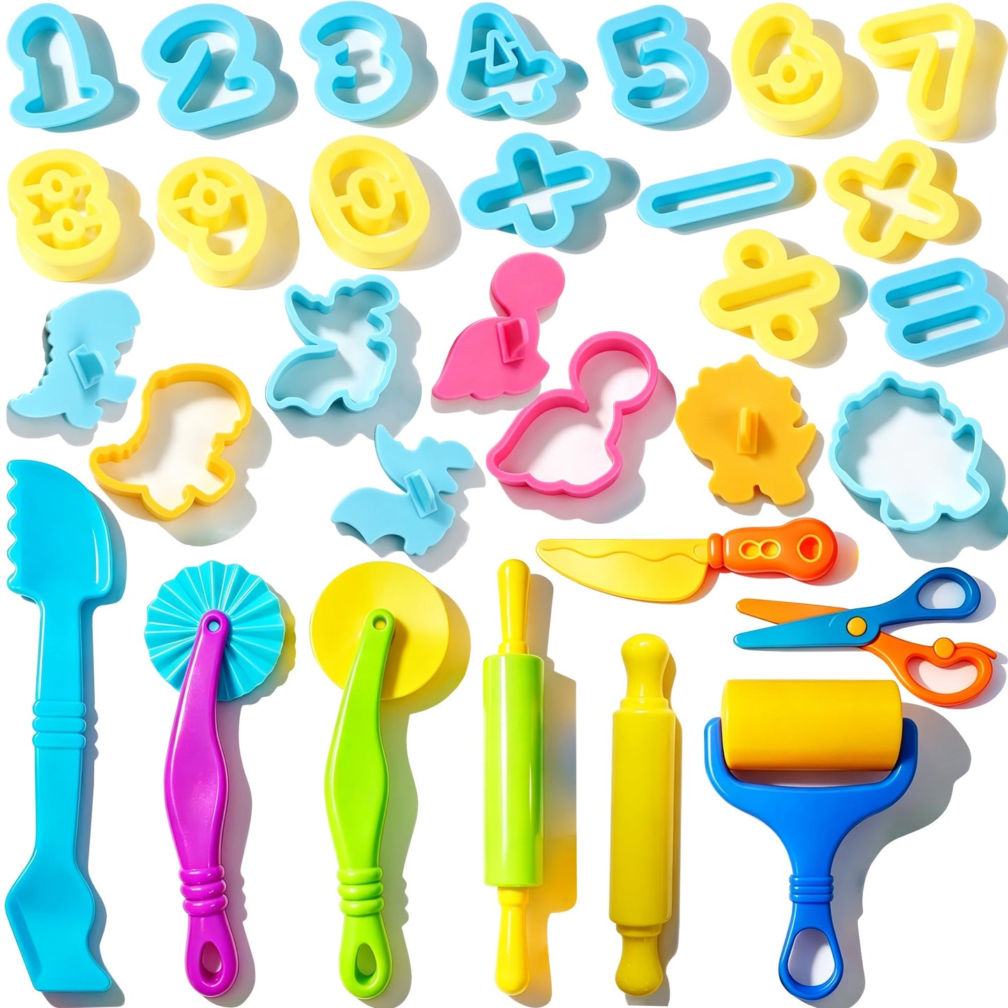 Dough and Clay Play Tools Kit for Kids, Modeling Clay Accessories for Toddlers, Animal Cutters with DIY Rollers & Safety Scissors, Dough Extruder Easy Squeeze for Kids, Ideal Home Play & Baking Set