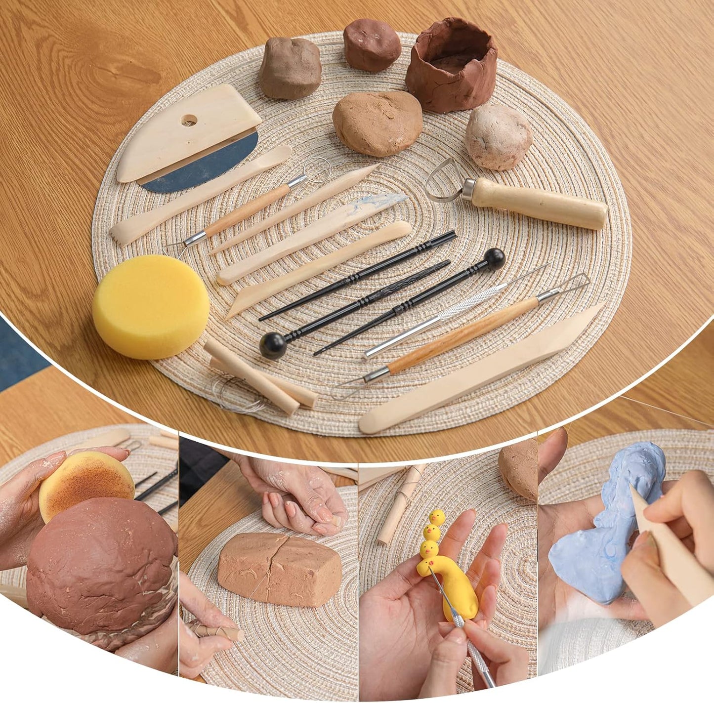 KACOLA Pottery Tool Kit, 17pcs Polymer Clay Tools, Modeling Clay Sculpting Tools Kit, Ceramics Tools, Trimming, Embossing Pattern, Smooth Wooden Handles
