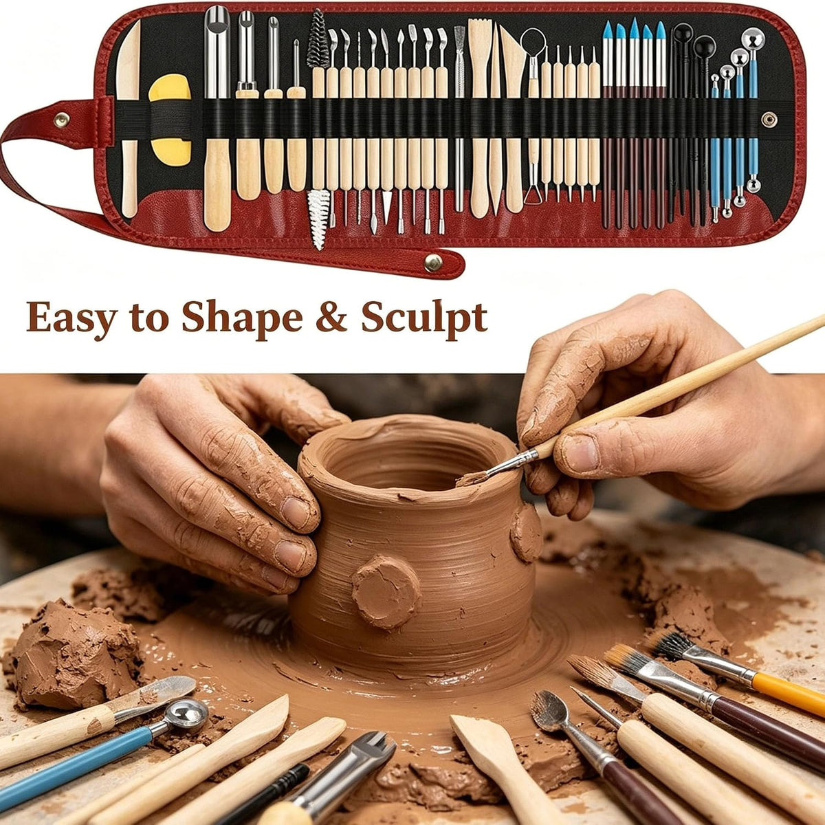 52PCS Clay Tools Kit, Clay Sculpting Tools Kit with Hole Puncher, Wooden Handle, Pottery Tools for Potters, Beginners & Professionals