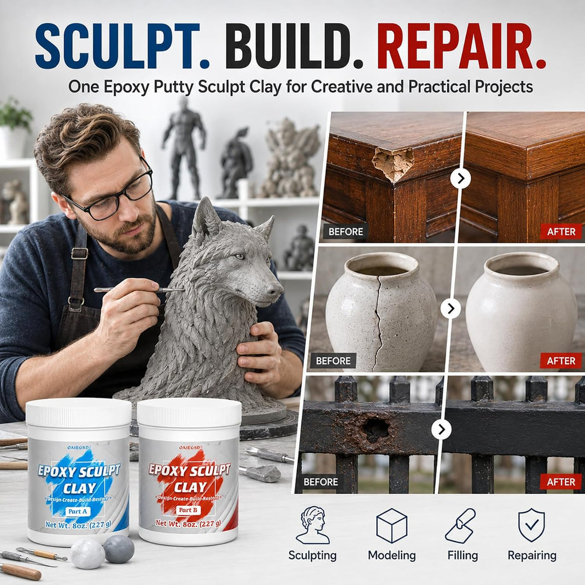 1 lb White Epoxy Putty Sculpt Clay, 2 Part Self Hardening Modeling Clay