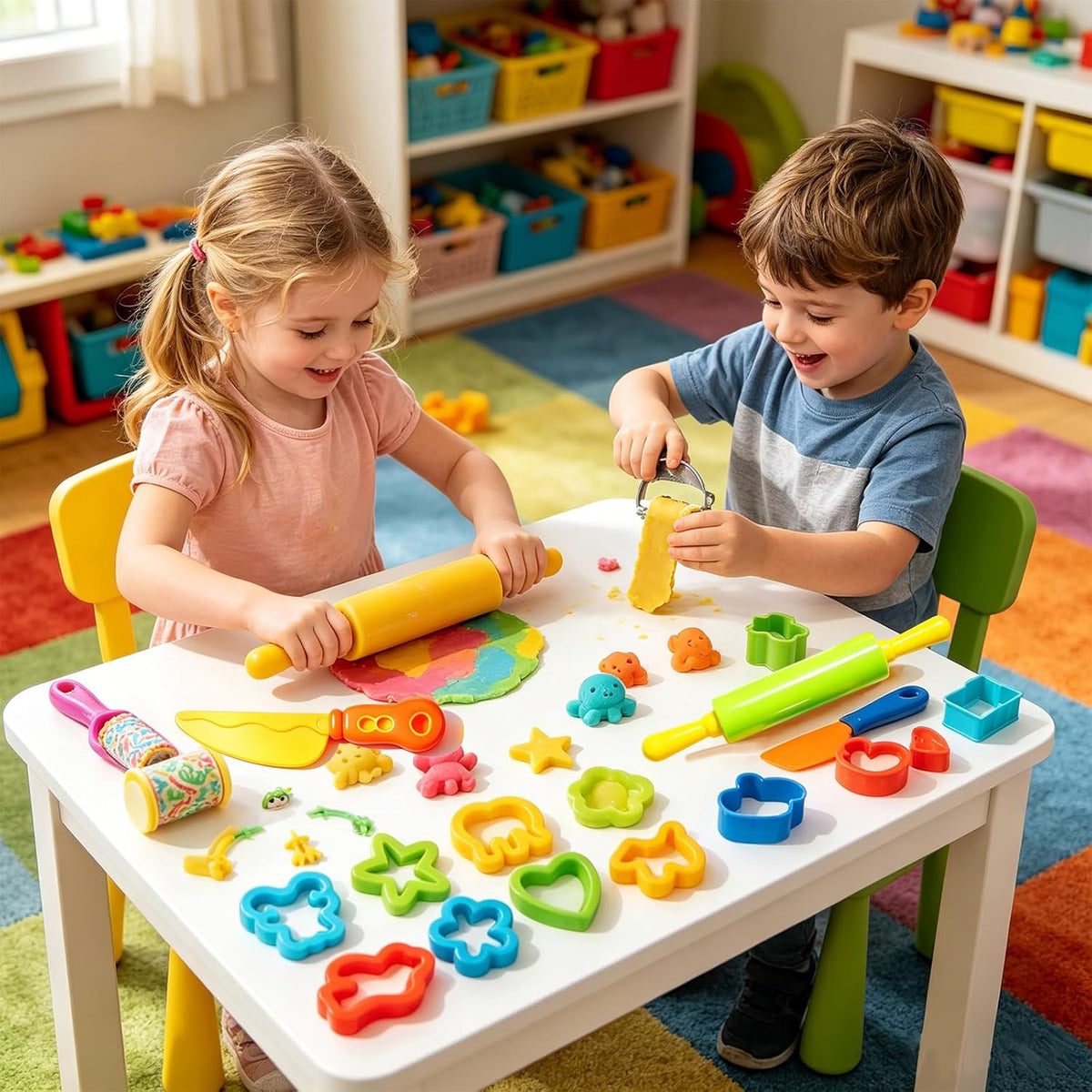 Dough and Clay Play Tools Kit for Kids, Modeling Clay Accessories for Toddlers, Animal Cutters with DIY Rollers & Safety Scissors, Dough Extruder Easy Squeeze for Kids, Ideal Home Play & Baking Set