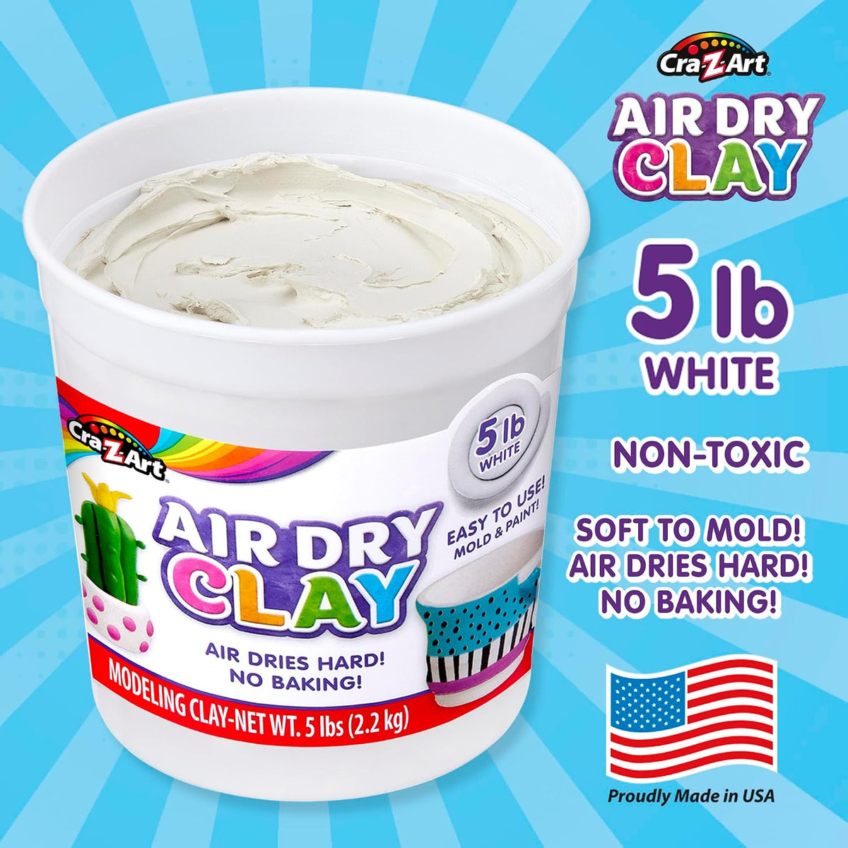 Cra-Z-Art Air Dry Clay - 5lb Bucket Natural White Modeling Clay, Perfect for Sculpting, School Projects, Bulk Class Supplies for Teachers, Day Cares, Camps, Essential for School